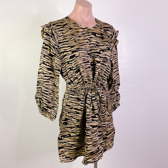 Rails Ora Canyon Abstract Print Long Sleeve Tie Waist Mini Dress Tan size M NEW - Picture 3 of 12